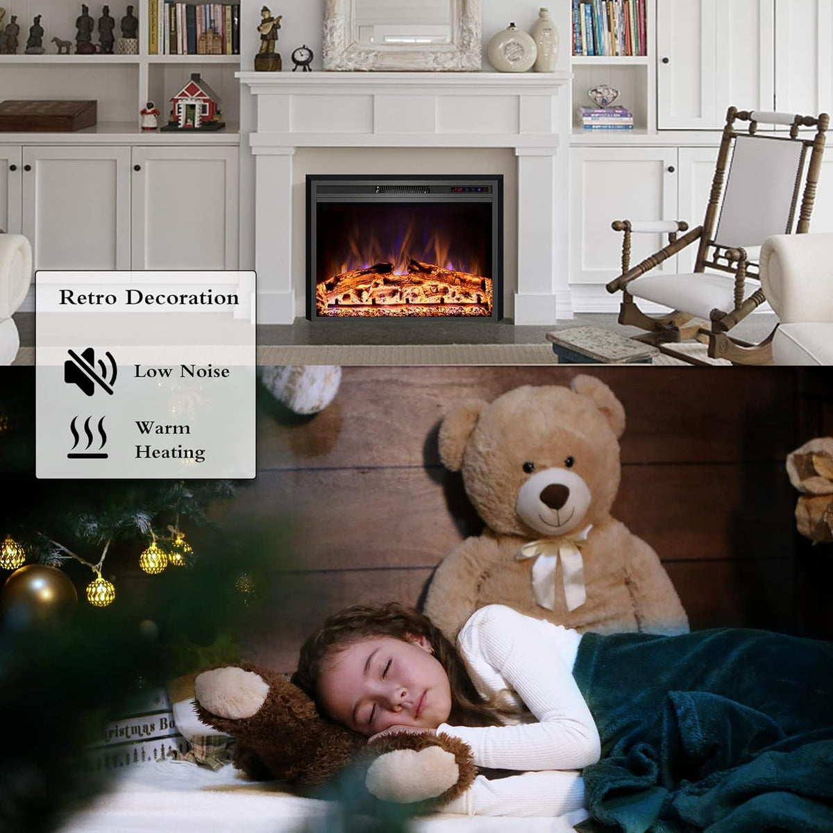 Electric Fireplace, Electric Fireplace Inserts, Recessed Fireplace Heater with Remote Control, Adjustable Flame