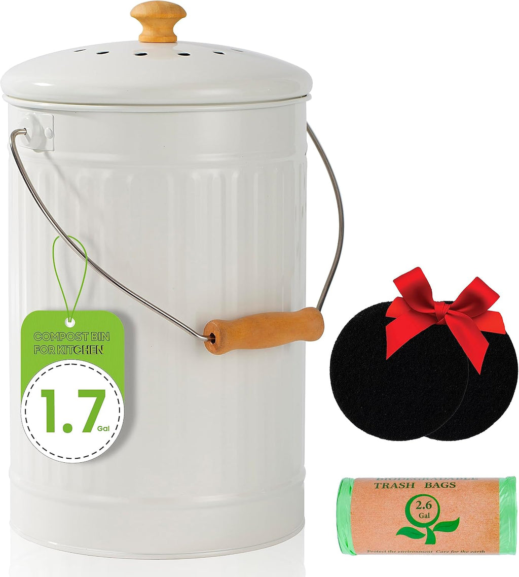 1.7 Gallon Kitchen Compost Bin, Indoor Countertop Compost Bin with Lid, 100% Rust Proof Compost Bucket with Non-Smell