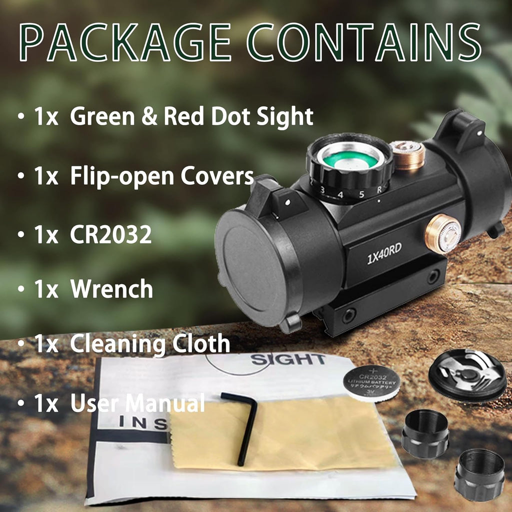 KASENTE 1x40 Red Green Dot Sight Rifle Scope with 20mm / 11mm Picatinny Dovetail Rail Mount