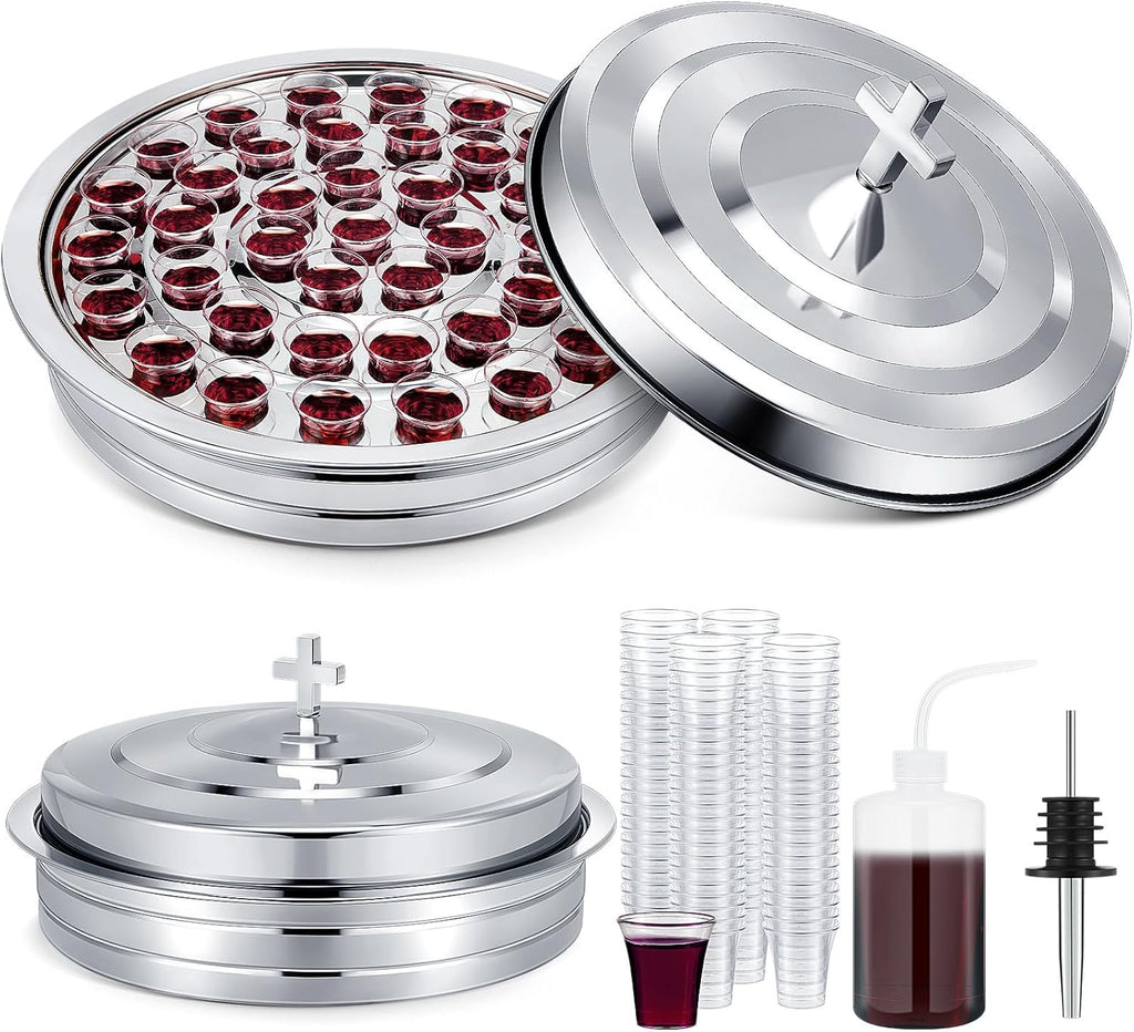 1 Set Holy Communion Trays for Churches with Lid, Churches Cup Fillers, 100 Disposable Communion Cups (Silver)