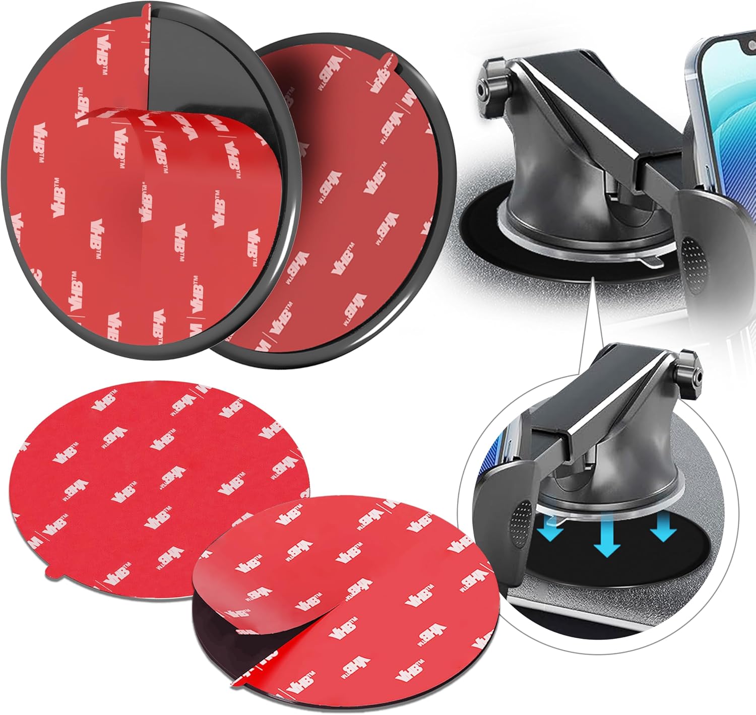 Adhesive Dashboard Mounting Disk Set for Suction Cup Car Mounts – 3.74" (95mm) Wide – Secure Hold for Phone Holders