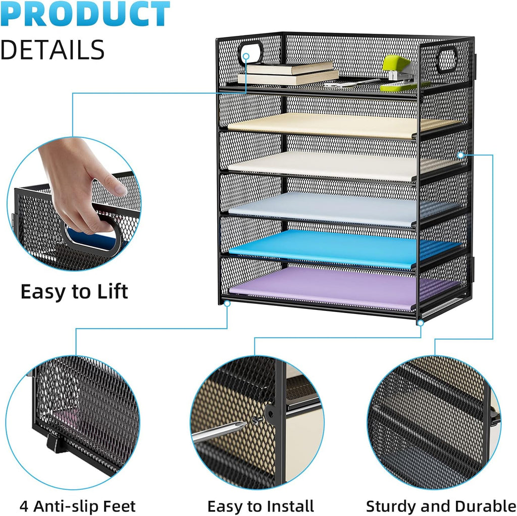 6 Tier Paper Organizer Letter Tray - Mesh Desk File Organizer with Handle, Paper Sorter Organizer for Letter/A4