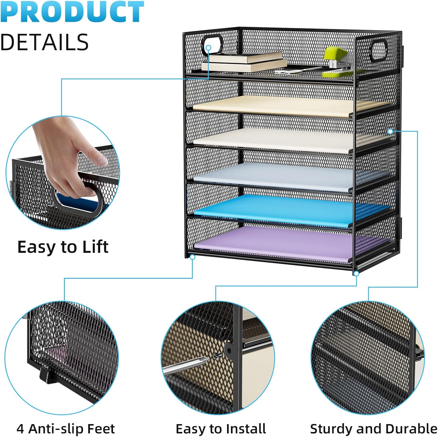 6 Tier Paper Organizer Letter Tray - Mesh Desk File Organizer with Handle, Paper Sorter Organizer for Letter/A4