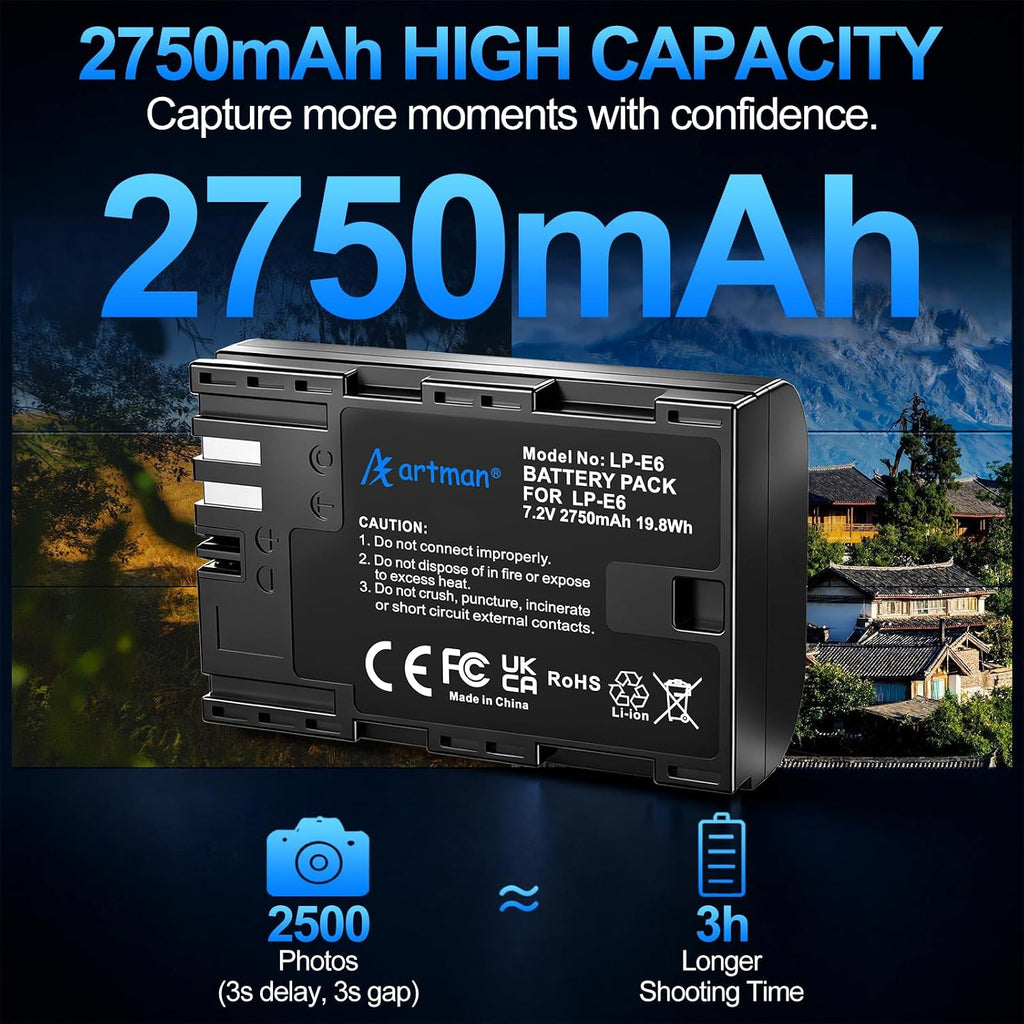 Artman LP-E6N LP-E6 Battery 3-Pack 2750mAh and 3-Slot LCD Charger for EOS R R5 R6 R7, R5 C, R6 Mark II,EOS 5D Mark II