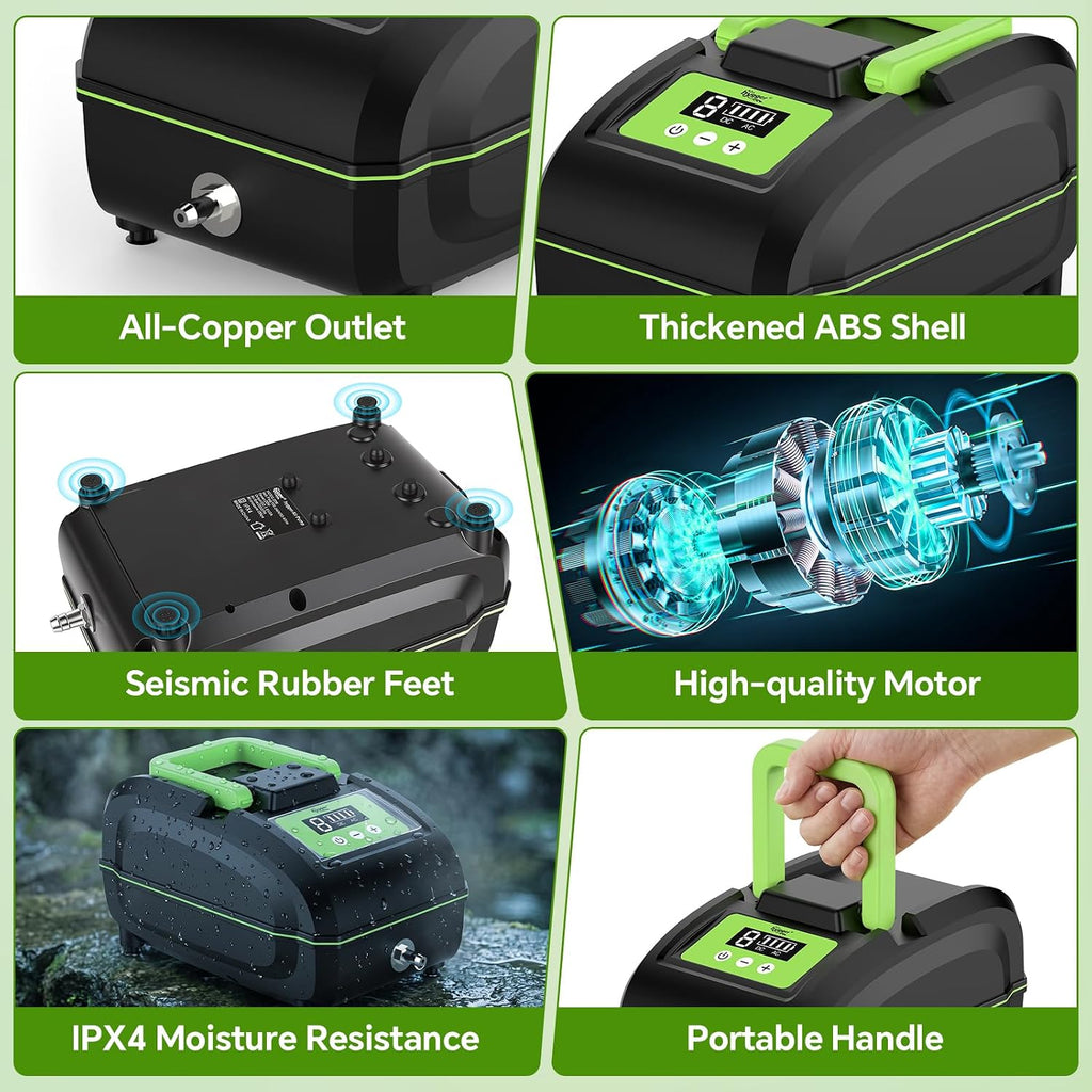 20W Rechargeable Aquarium Air Pump, Portable Quiet Oxygen Aerator