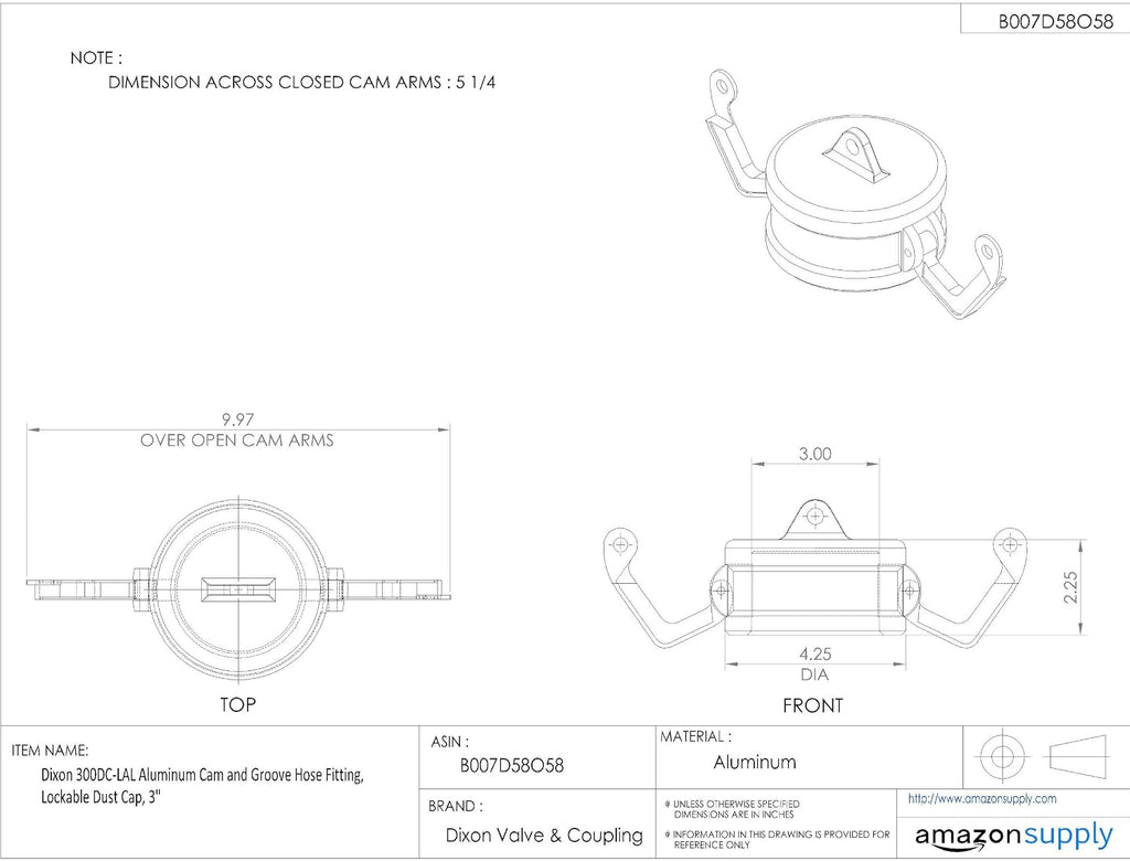 Dixon Valve & Coupling 300DC-LAL Aluminum Cam and Groove Hose Fitting, Lockable Dust Cap, 3"