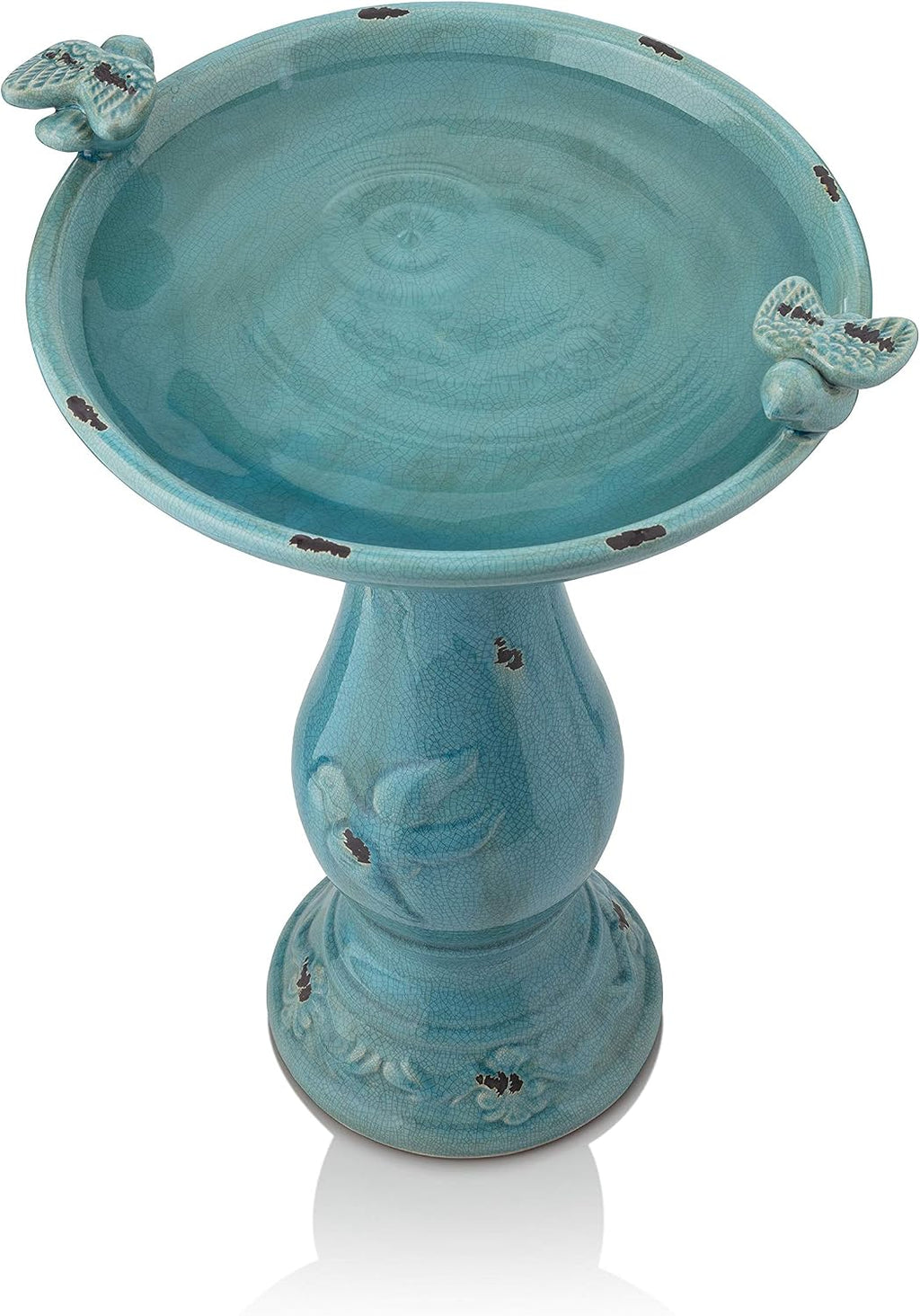 25" Tall Outdoor Ceramic Antique Pedestal Birdbath with 2 Bird Figurines, Turquoise
