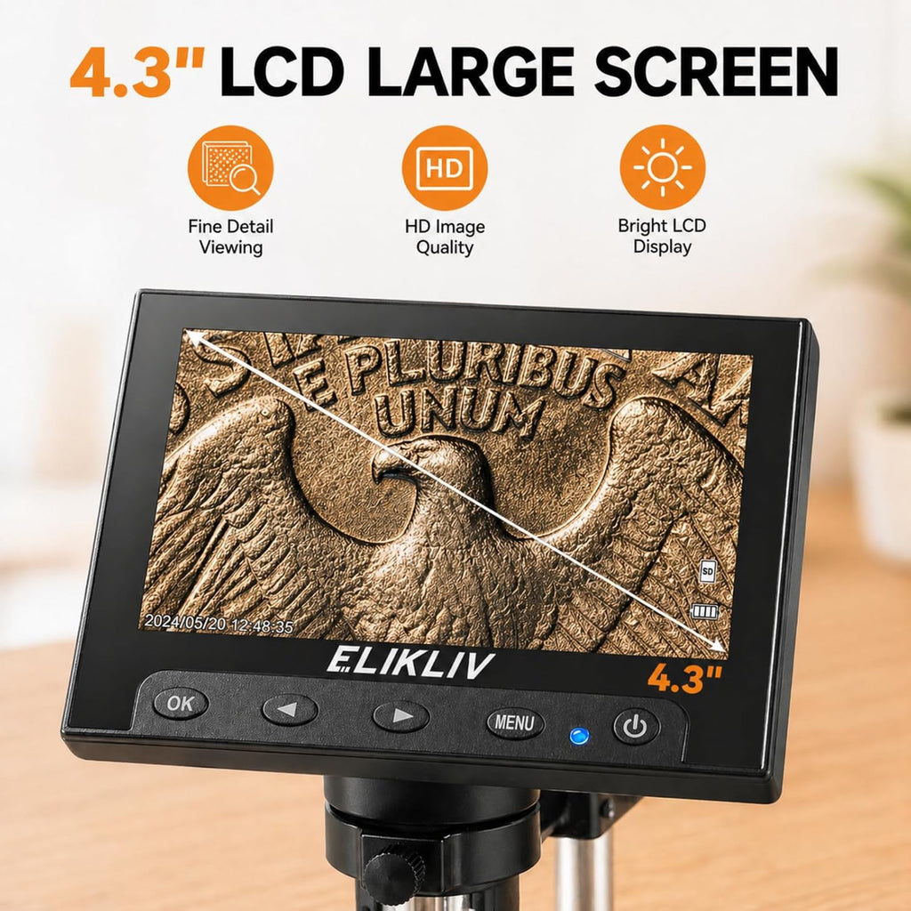 Microscope, LCD Digital Coin Microscope 1000x, Coin Magnifier with 8 Adjustable LED Lights, PC View Compatible with