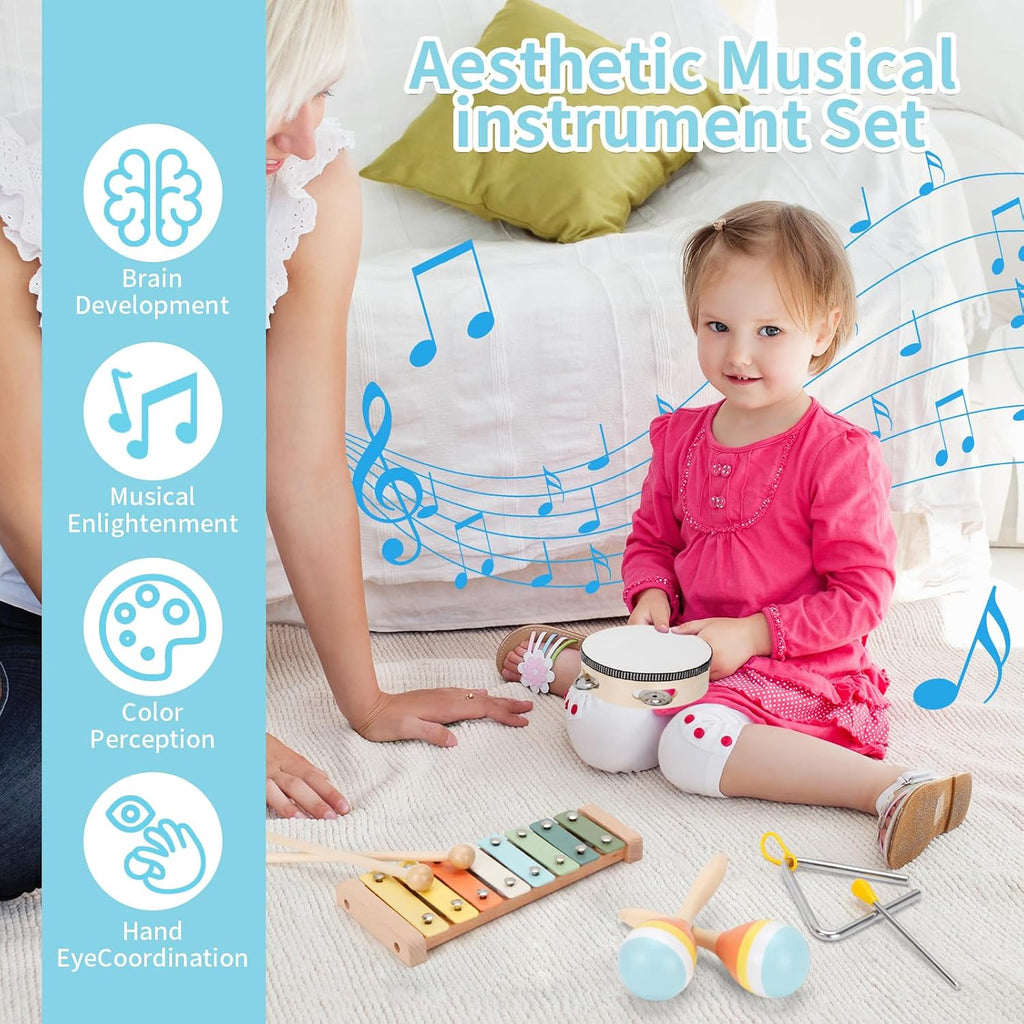 Baby Musical Instruments Set Wooden Montessori Toys for Toddlers | musical toy for toddlers 1-3, xylophone tambourine