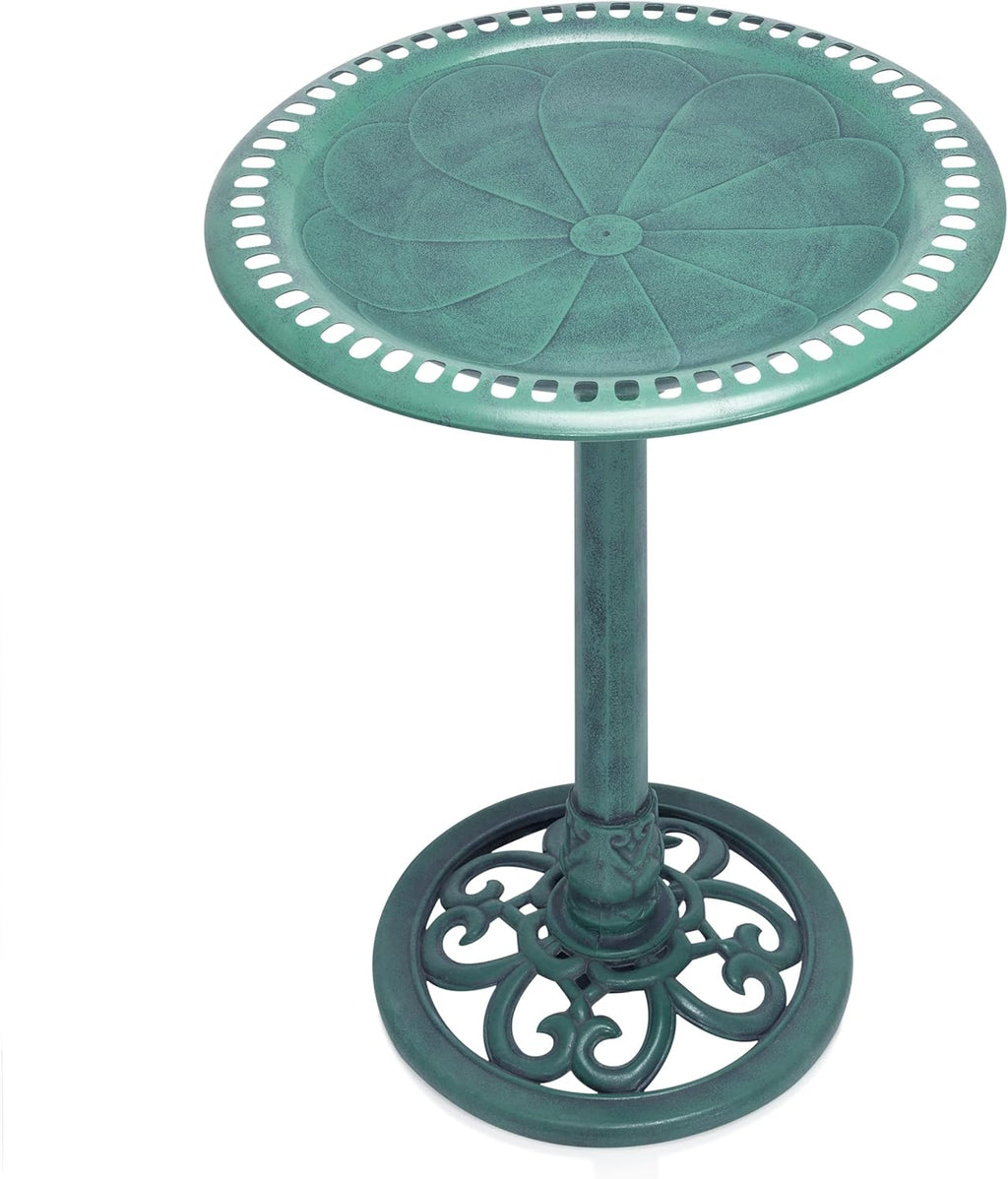 TEC116 Outdoor Aged Green Pedestal Birdbath with Scrollwork, 28" Tall, Green