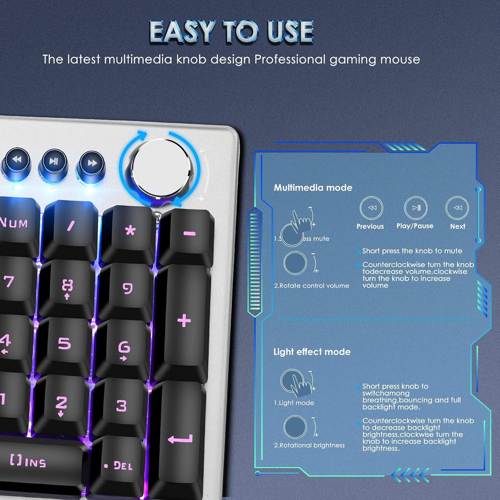 RGB Backlit Gaming Keyboard with Mouse Combo and Mouse pad, Multimedia Keyboard Knob,Mechanical Feel USB Wired