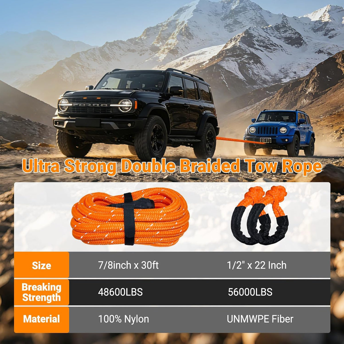 Kinetic Recovery Rope 7/8" x 30ft, 48600lbs Breaking Strength Kinetic Tow Rope,Heavy Duty Recovery Rope with 2pcs