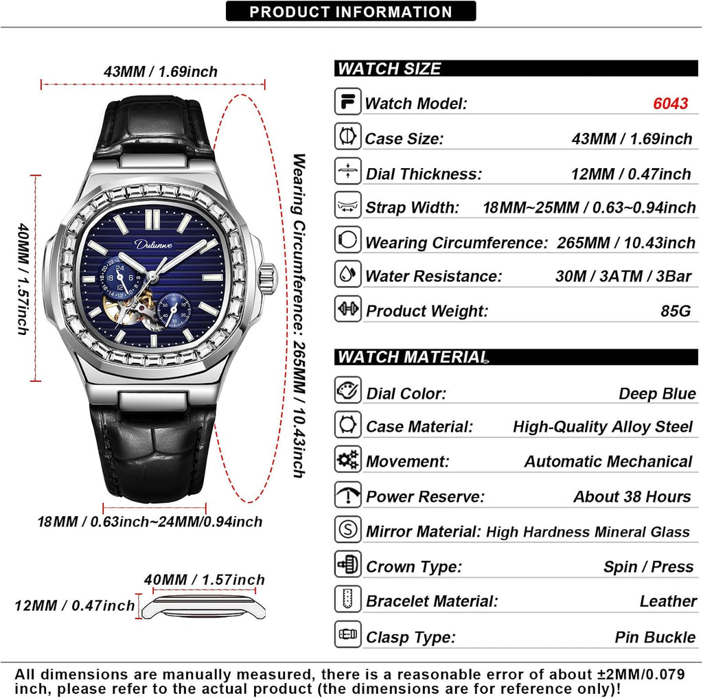 Dulunwe Men‘s Watches Mechanical Automatic Winding Elegant Luxury Leather Wristwatch with Square Analog Chronograph