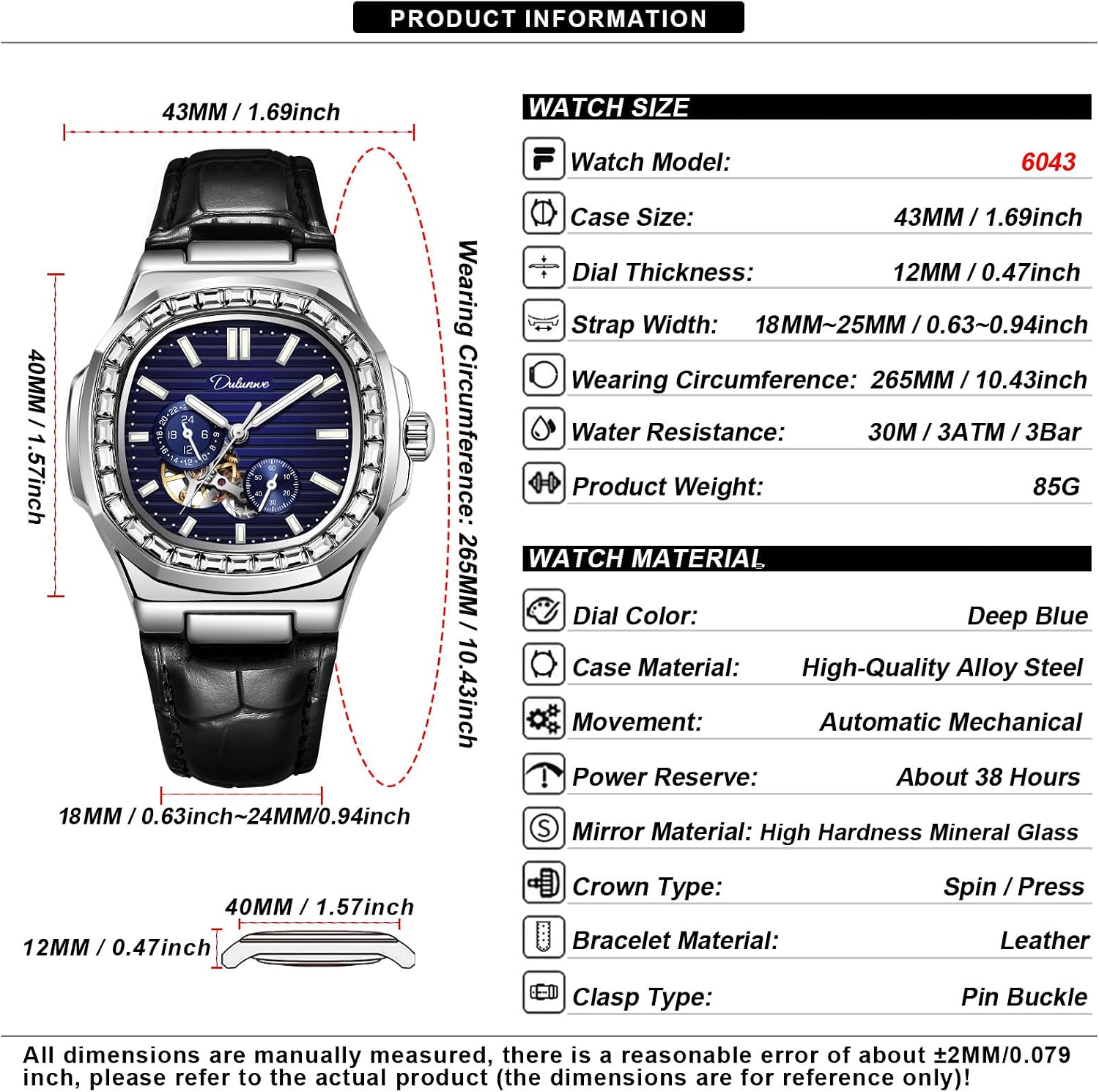 Dulunwe Men‘s Watches Mechanical Automatic Winding Elegant Luxury Leather Wristwatch with Square Analog Chronograph