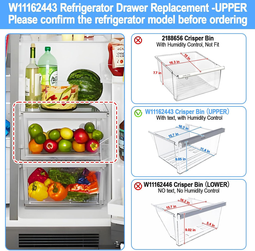 Upgraded W11162443 Refrigerator Crisper Drawer Compatible with Whirlpool Crisper Drawer W11046494 Whirlpool Fridge Drawer Maytag Refrigerator Drawer Parts WRS325SDHZ WRS315SDHZ WRS315SDHM Drawers