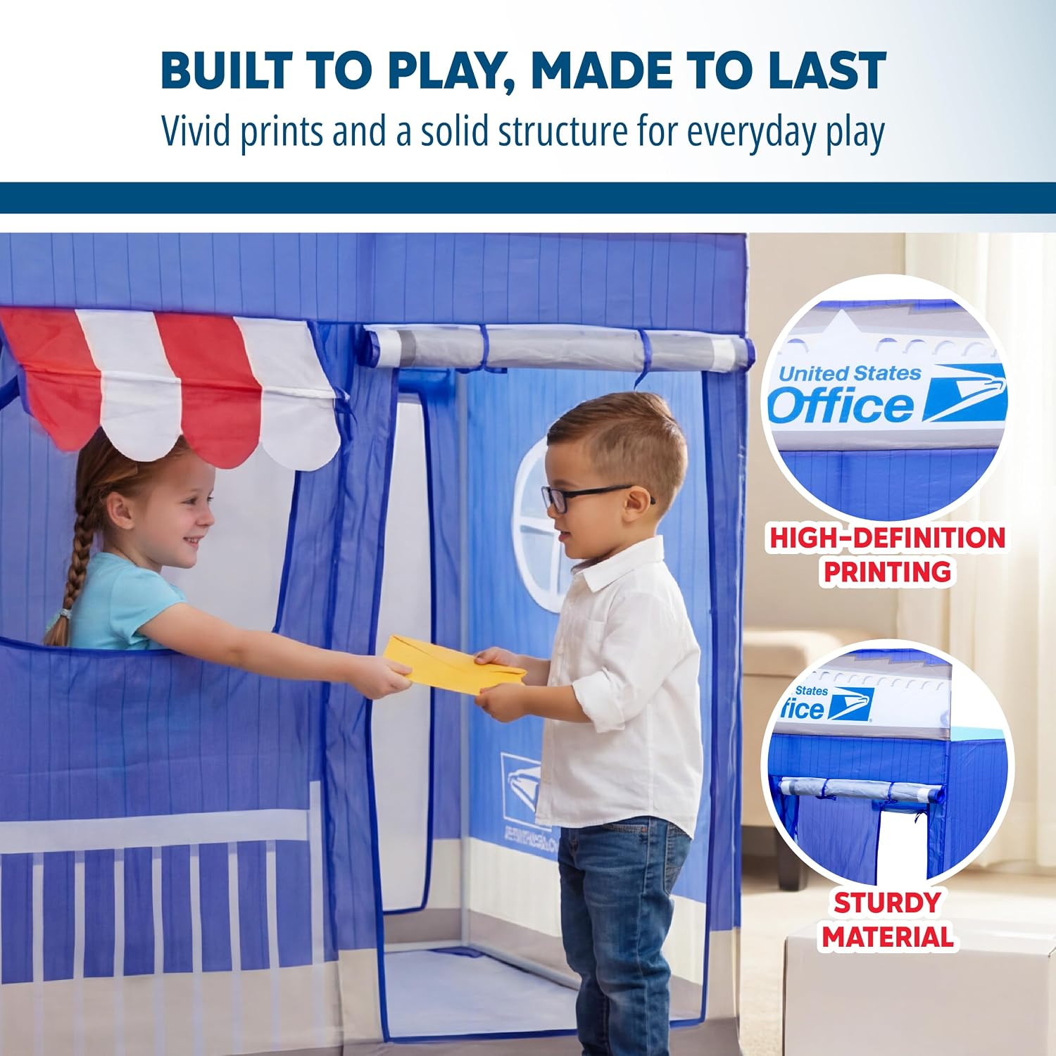 USPS Post Office Cape Cod Pretend Pop Up Play Tent - Kids Toys, Indoor Kid Tents, Outdoor Play Toys, Large Front and
