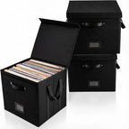 Set of 3 Stackable Vinyl Record Storage Boxes - Non-Woven LP Record Holder Crates with Lids, Handles & Label Slots