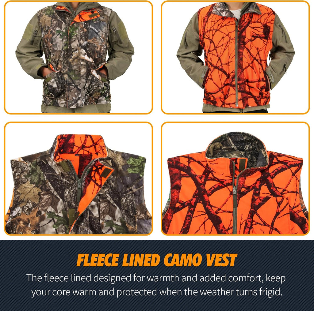Reversible Camo & Orange Hunting Vest, Big Game Vest Jacket, M-4XL | Warm Fleece, Blaze Orange Camo, Silent