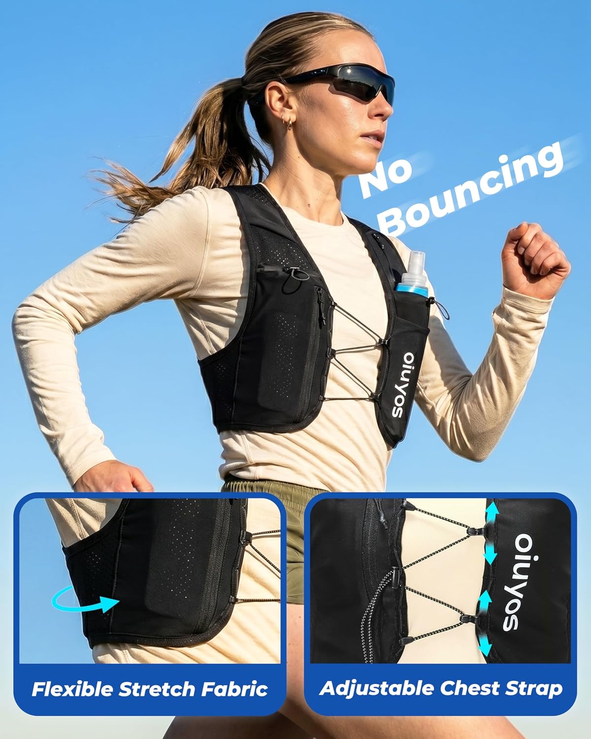Running Vest for Women Men - Adjustable Chest Straps Running Hydration Vest with 500ml Soft Flask & Phone Holder