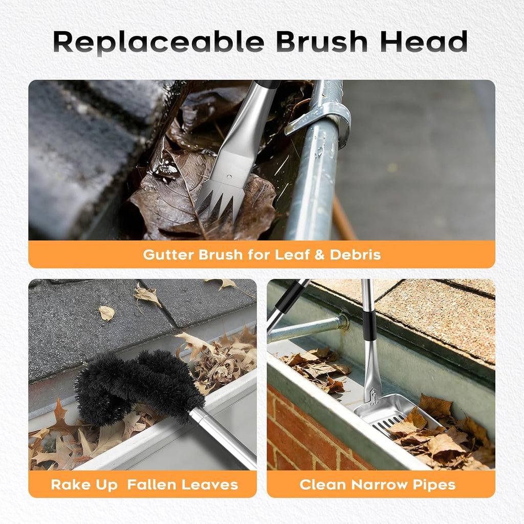 13ft Gutter Cleaning Tools From the Ground, No Ladder Needed, 3-in-1 Gutter Cleaner Pole with Replaceable Brush Rake