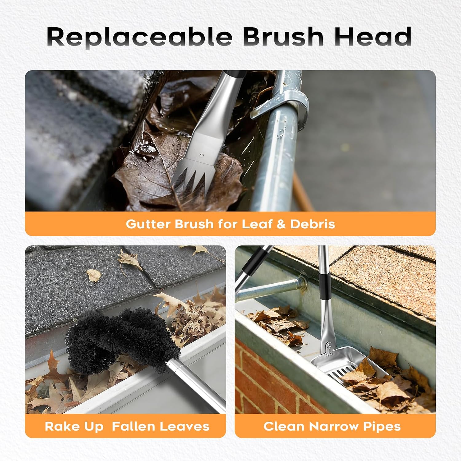 13ft Gutter Cleaning Tools From the Ground, No Ladder Needed, 3-in-1 Gutter Cleaner Pole with Replaceable Brush Rake