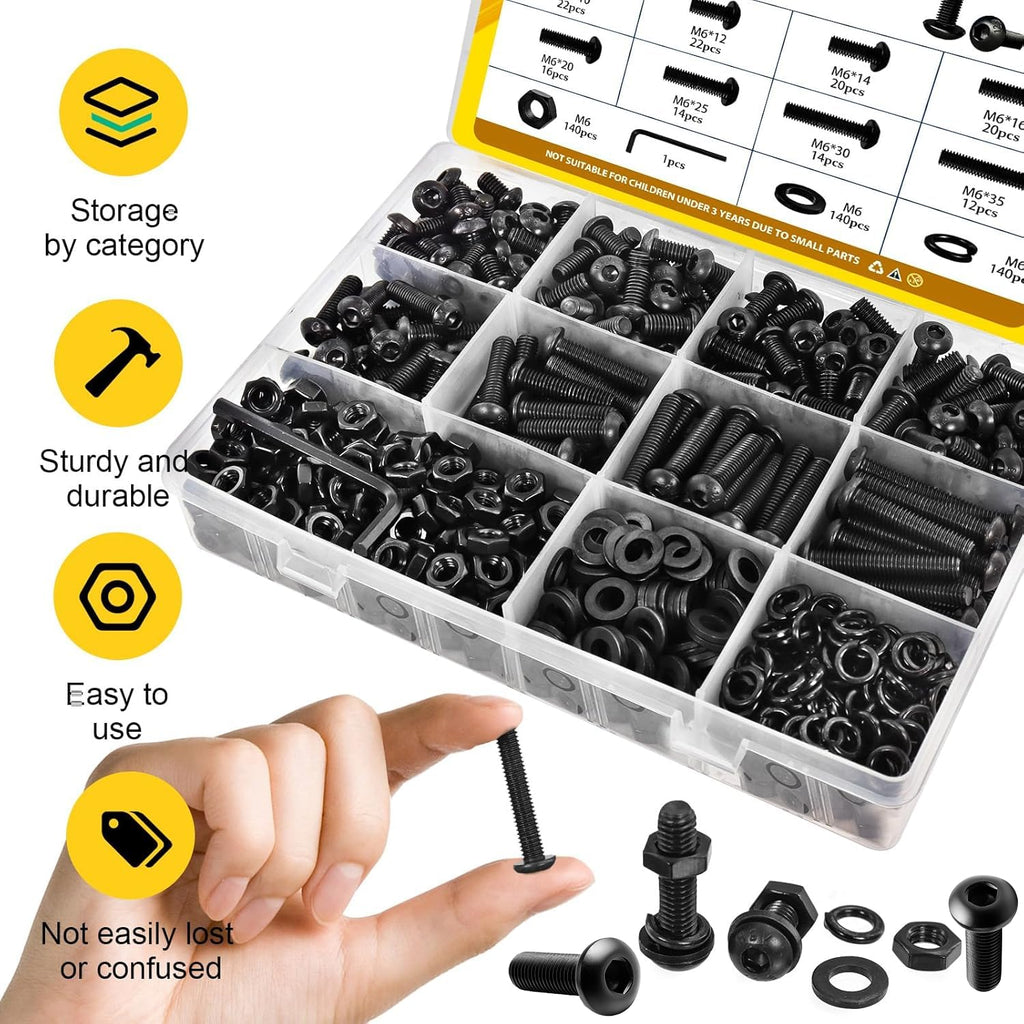 560PCS M6 Hex Button Head Screws Bolts Nuts Washers Assortment Kit