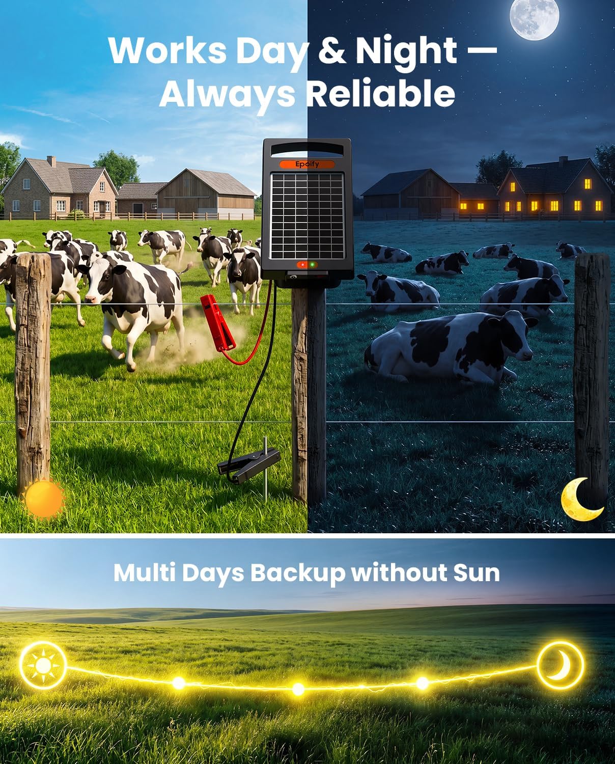 Solar Fence Charger, 0.32J, 20-Mile Coverage for Gardens, Deer | Dual solar and AC power keeps your fence running in