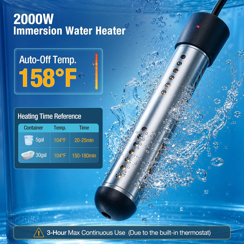 2000W Immersion Water Heater, Pool Heater for Inflatable Pools | 158°F Auto-Off, with 304 Stainless Steel Guard &