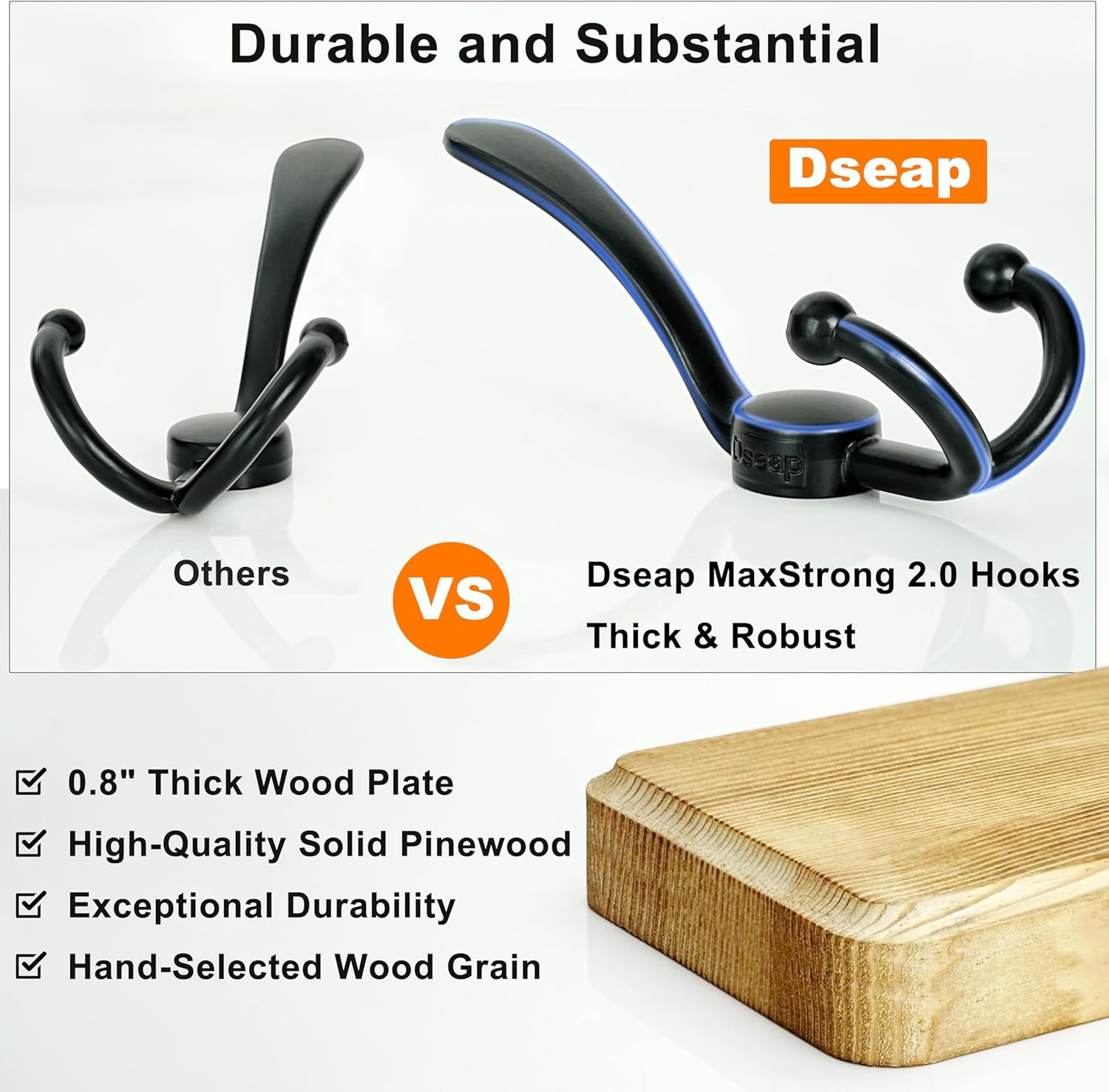 Coat Rack Wall Mounted - 5 Tri Hooks, Heavy Duty, Wooden Wall Coat Hanger Coat Hook for Clothes Hat Jacket Clothing
