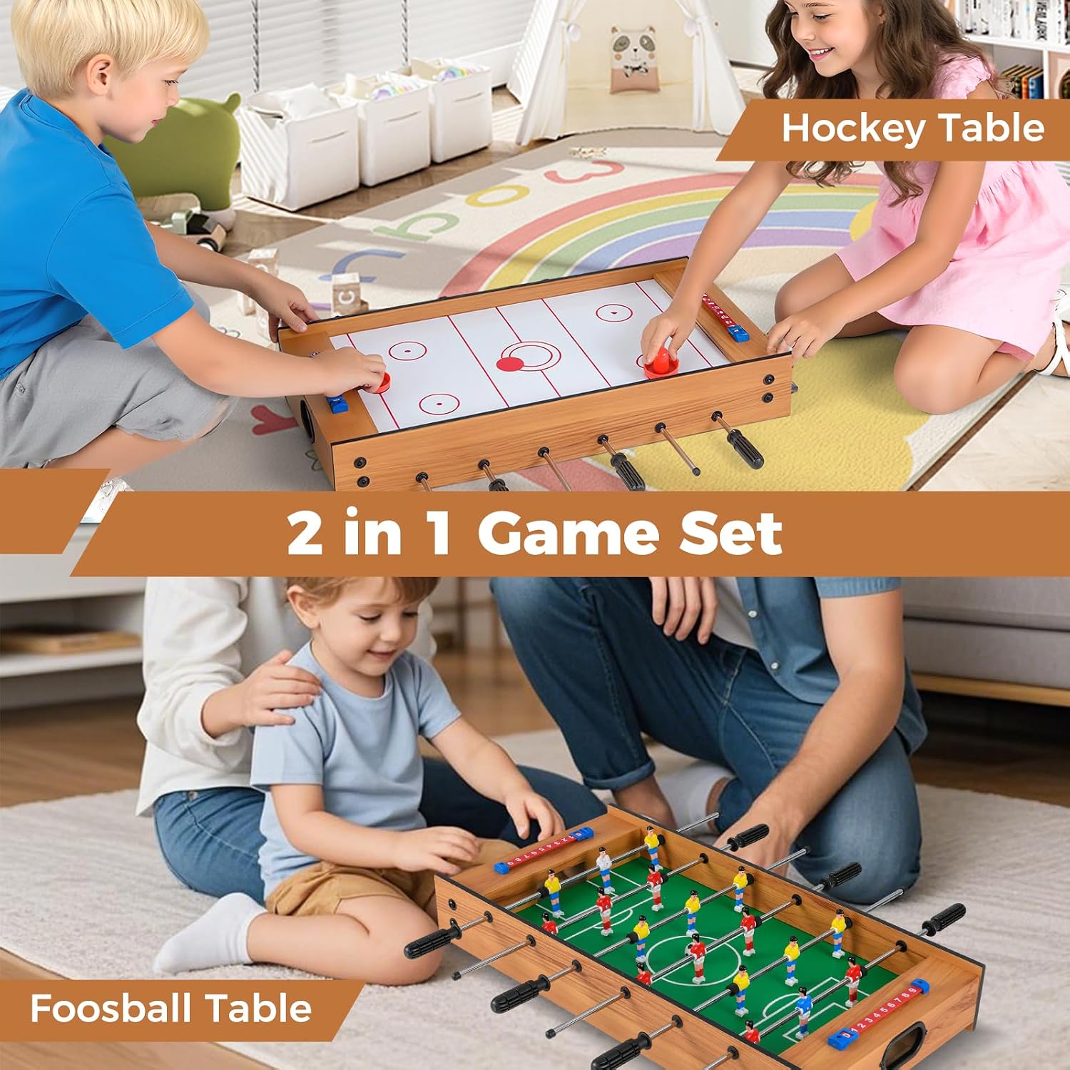 2 in 1 Multi Game Table, Tabletop Foosball Table & Hockey, Combo Game Table Set with Complete Accessories for Kids &