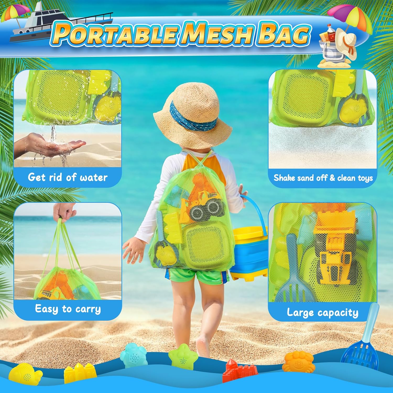 Collapsible Beach Sand Toys for Kids, Sandbox Toys Summer Travel Essentials | Includes Bucket, Sand Shovel, Beach