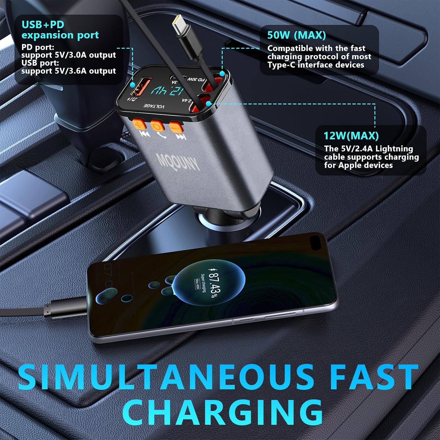 Retractable Car Charger,5 in 1 Fast Cars Phone Charger 60w,Bluetooth 5.3 FM Transmitter Adapter,Handsfree Call,MP3