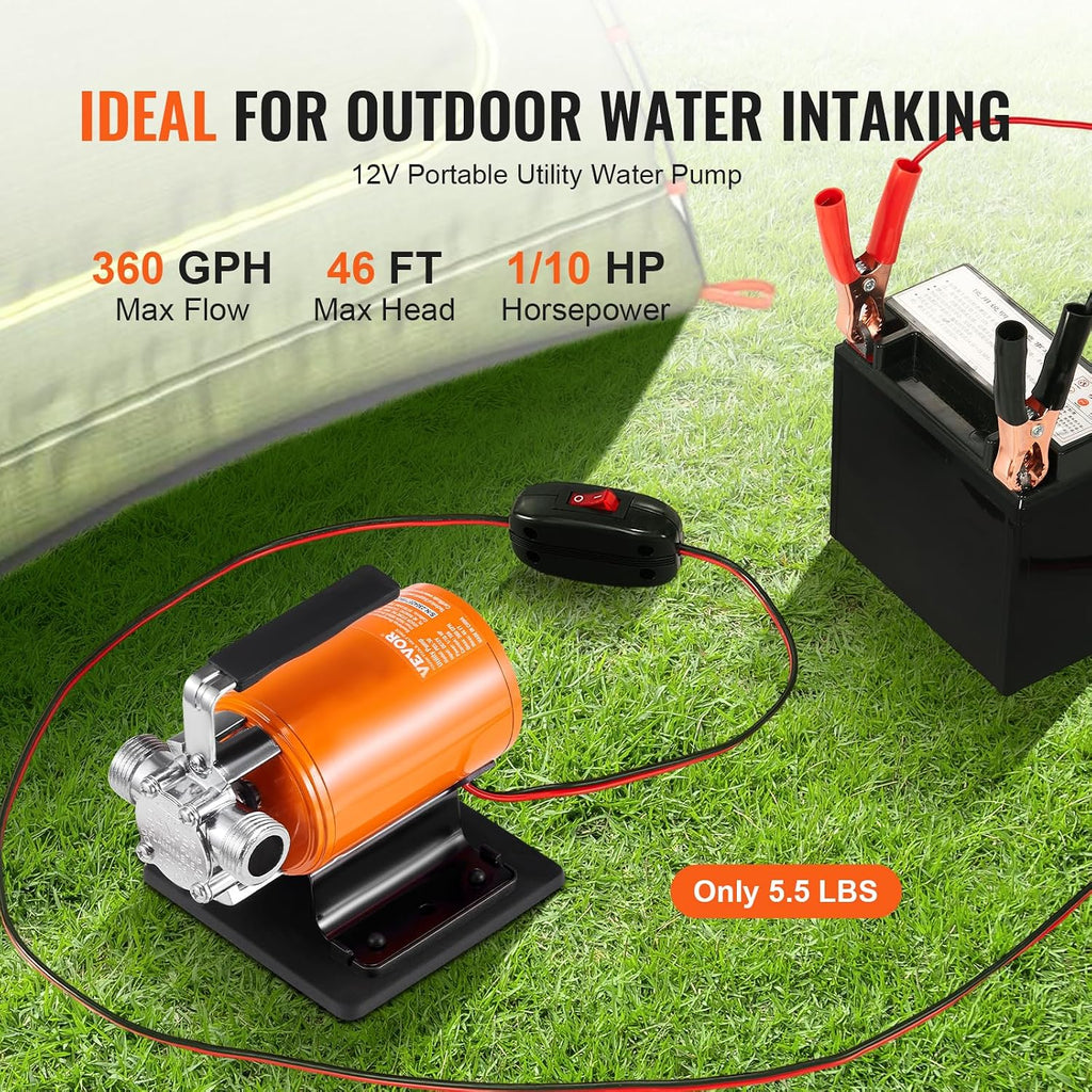 Water Transfer Pump 12V, Battery Powered Utility Pump 360 GPH, 1/10HP Portable Electric Water Pump with Switch, 6 ft