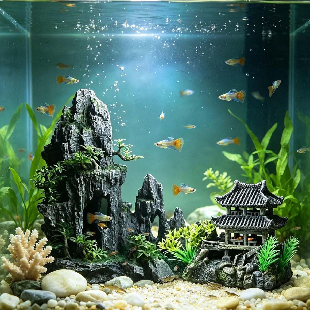 Extra Large Aquarium Decorations, Resin Castle and Artificial Rock with Plants (Ancient Temple with Mountain) Fish