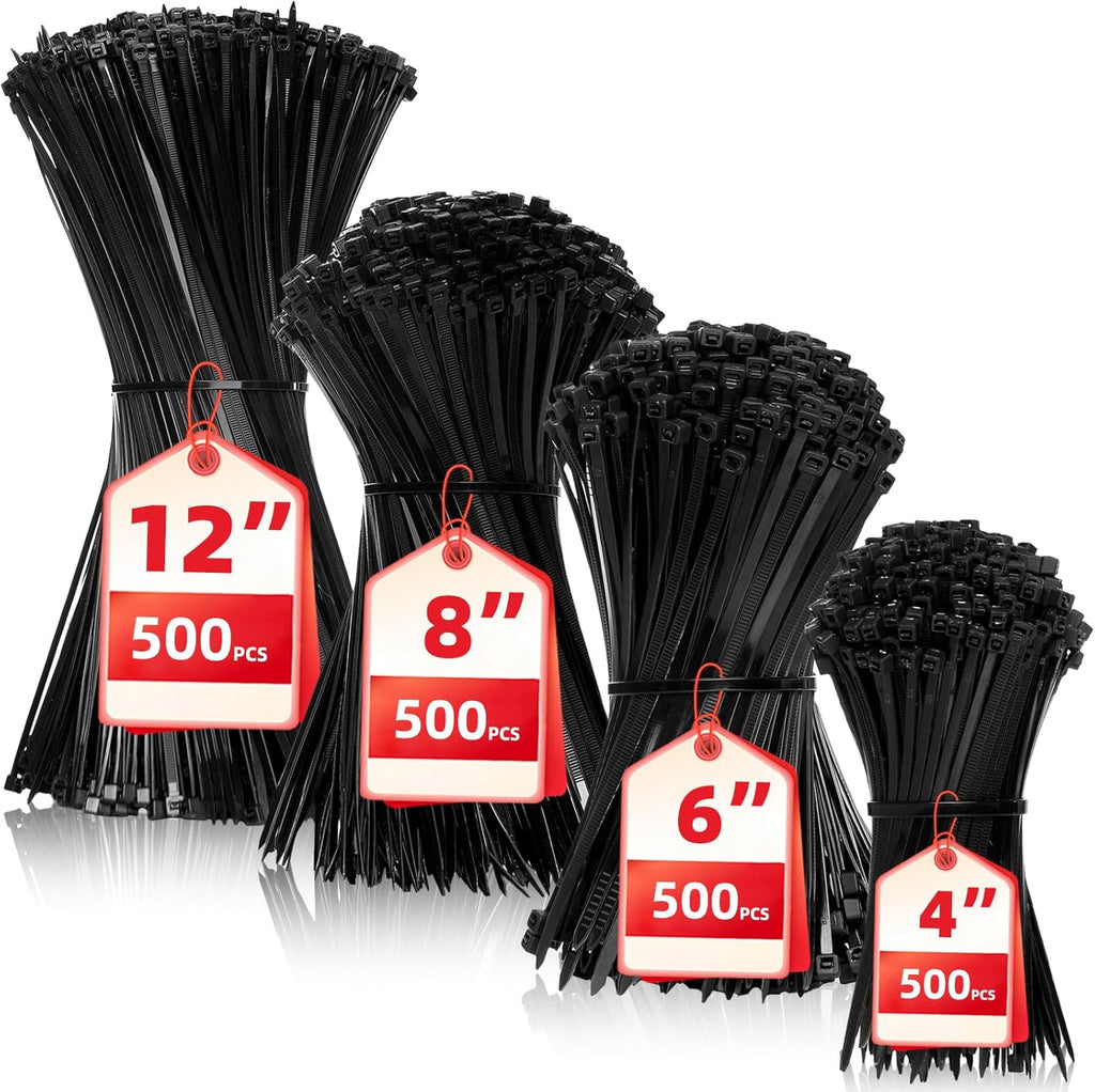 Zip Ties Assorted Sizes(4”+6”+8”+12”), 2000 Pack,Black Cable Ties,Multi-Purpose Self-Locking Nylon Cable Cord