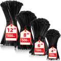Zip Ties Assorted Sizes(4”+6”+8”+12”), 2000 Pack,Black Cable Ties,Multi-Purpose Self-Locking Nylon Cable Cord