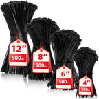 Zip Ties Assorted Sizes(4”+6”+8”+12”), 2000 Pack,Black Cable Ties,Multi-Purpose Self-Locking Nylon Cable Cord