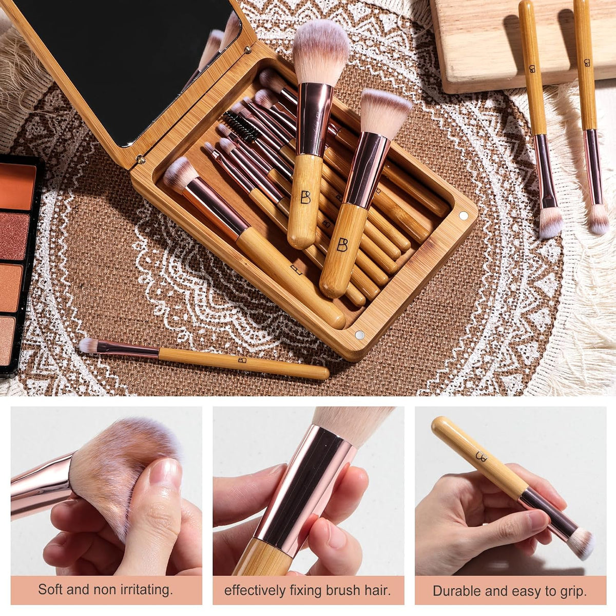 14Pcs Travel Makeup Brush Set, Foundation/Concealer/Eye,LED Mirror (E-Bamboo)