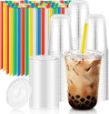 50Pack 16oz Clear Plastic Boba Cups with Lids and Colorful Straws
