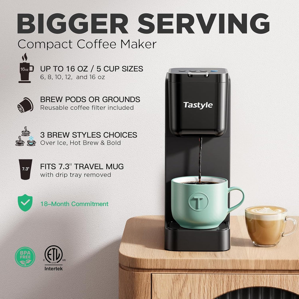 Single Serve Coffee Maker Hot and Iced with Bold Brew, Up to 16 Oz | for K Cup and Ground, Fits 7.3'' Travel Mug, 5
