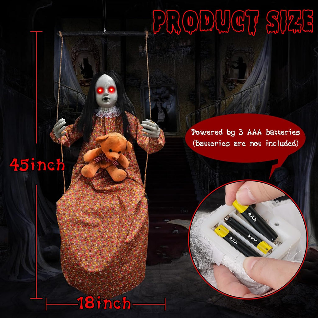 Scary Halloween Decorations Outdoor Hanging Swinging Doll Girl | Sound & Slap Activated, Light Up Eyes Creepy Sound