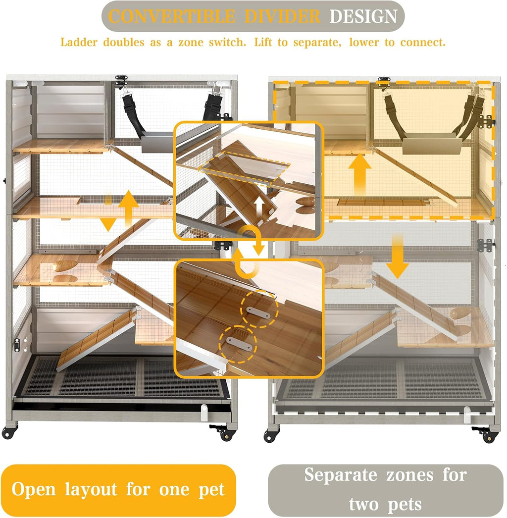 5-Tier Guinea Pig Cages on Wheels, Wooden Chinchilla Cage | Wooden Small Animal Habitat with Ramp, Hammock, Pull-Out