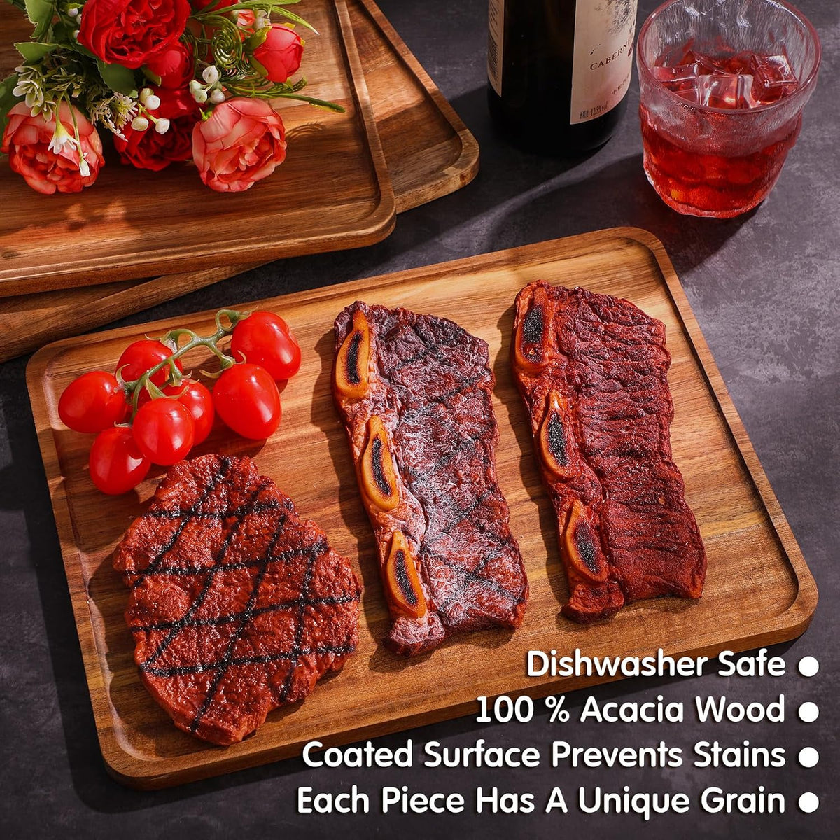 5 Pack Solid Acacia Wood Serving Trays for Food, 14 x 10 Inch