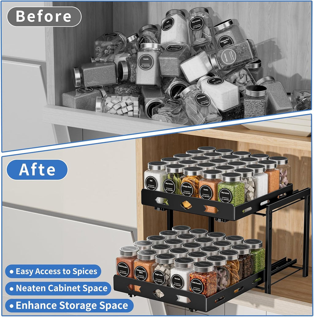 Pull Out Spice Rack Organizer for Cabinet, 2 Tier Cabinet Spice Rack Organizer, Height Adjustable Vertical Spice Rack