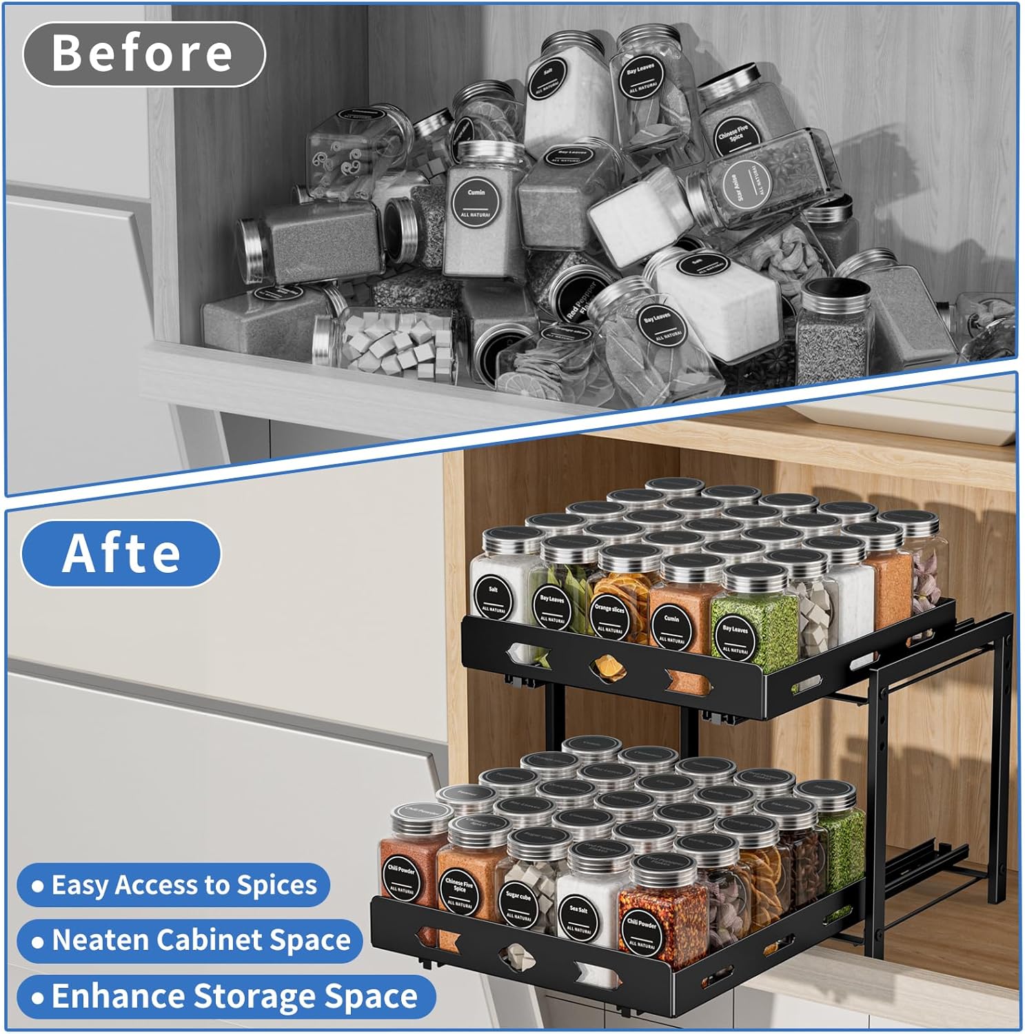 Pull Out Spice Rack Organizer for Cabinet, 2 Tier Cabinet Spice Rack Organizer, Height Adjustable Vertical Spice Rack