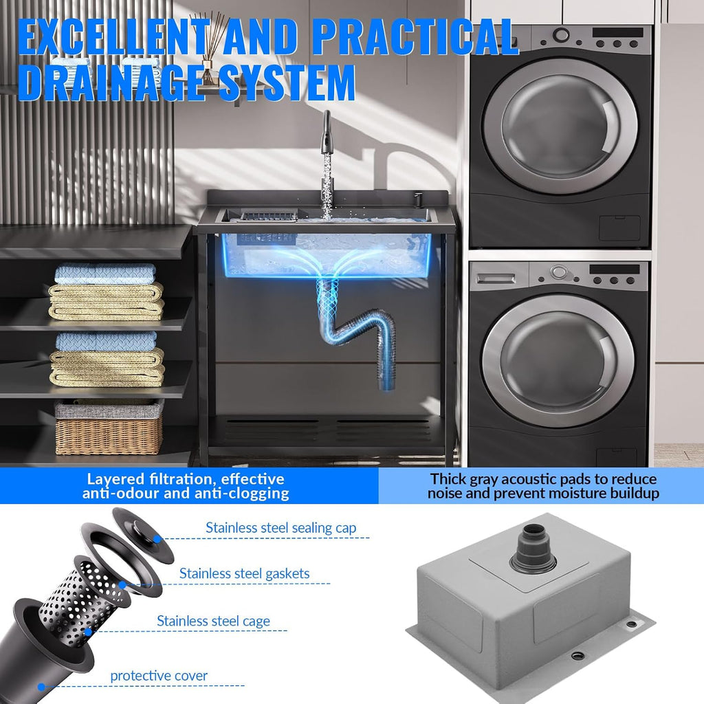 Stainless Steel Utility Sink, 36.6" × 24.2" × 36.6" Freestanding Sink with Cold and Hot Water Faucet, Hoses and Drain