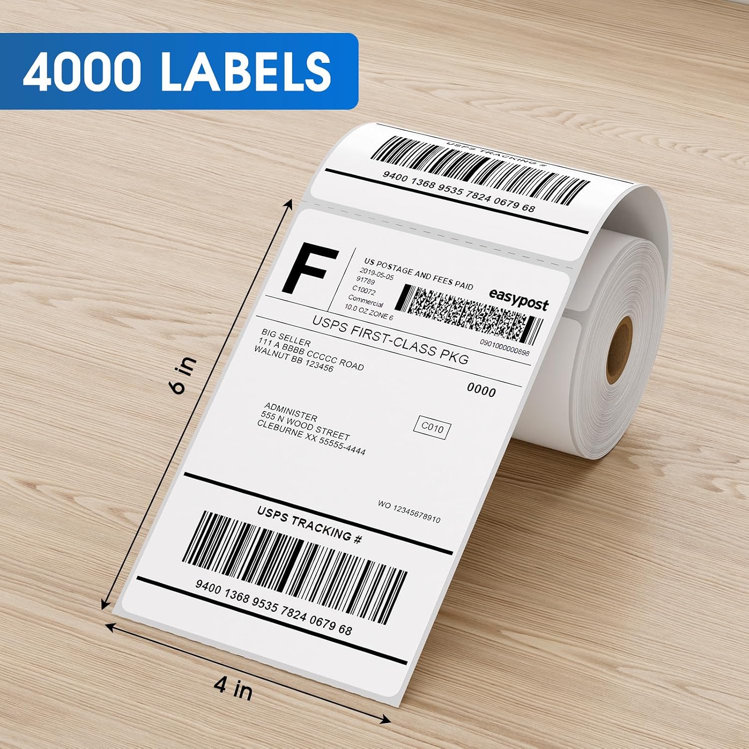 4" x 6" Direct Thermal Labels, 4000 Pcs/16 Rolls | Perforated White Mailing Shipping Package Labels, Commercial