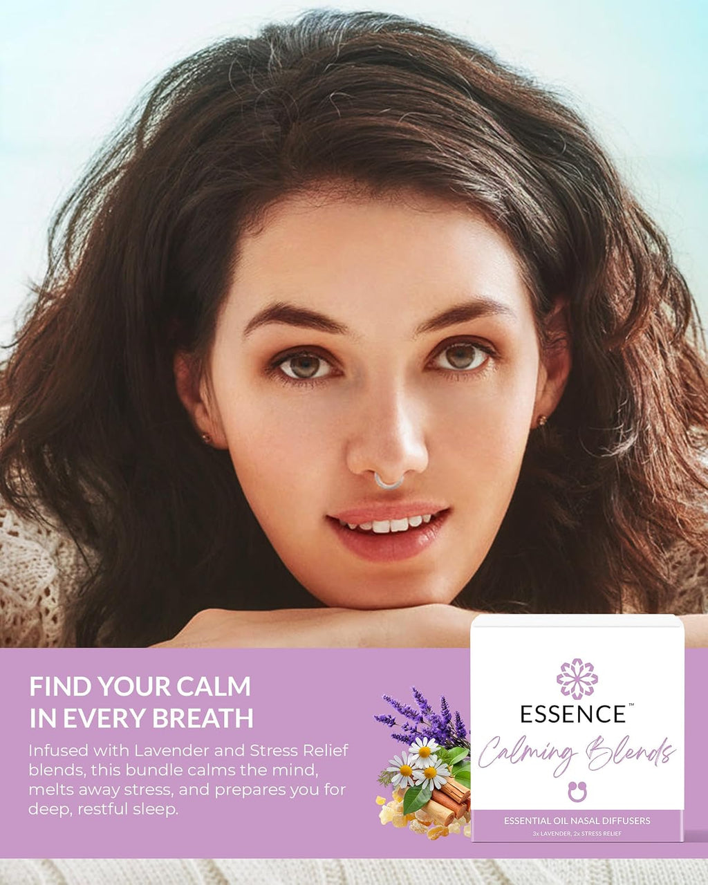 Essence Nasal Diffuser Calming Bundle – Aromatherapy Essential Oil Silicone Nose Rings for Stress & Sleep Support –