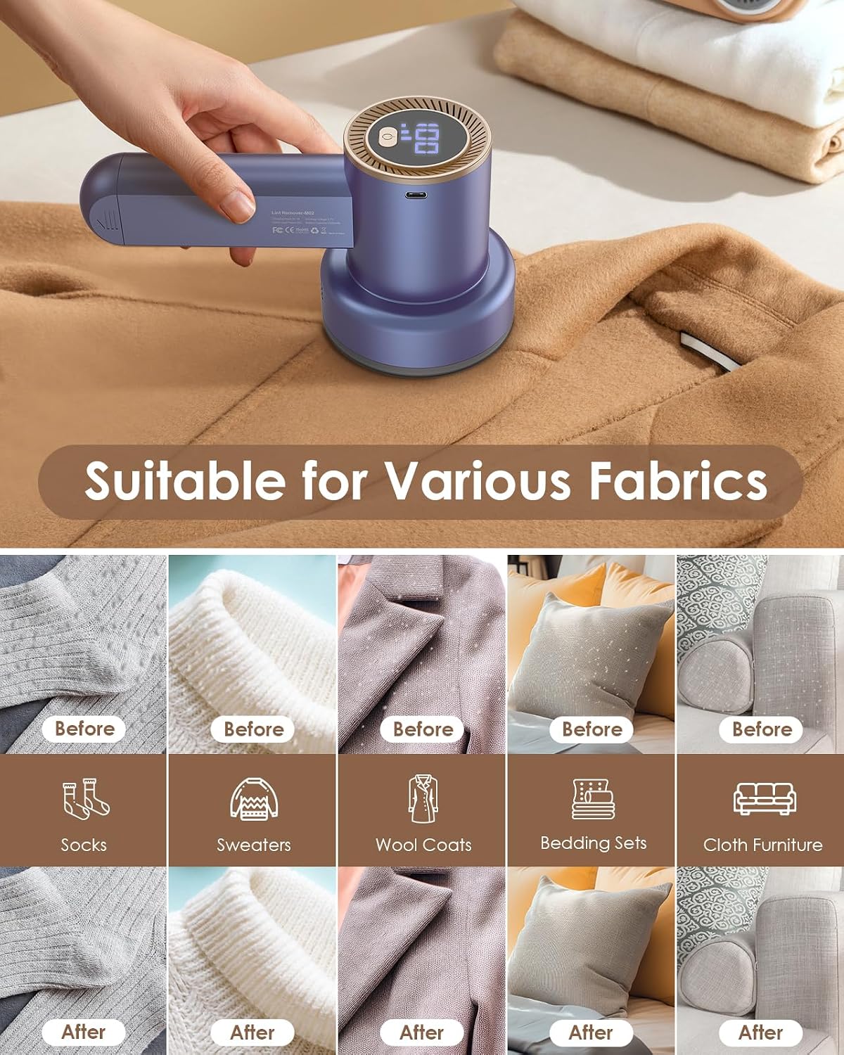 Fabric Shaver, Rechargeable Lint Remover for Clothes Purple | Electric sweater shaver and depiller with 70mm head