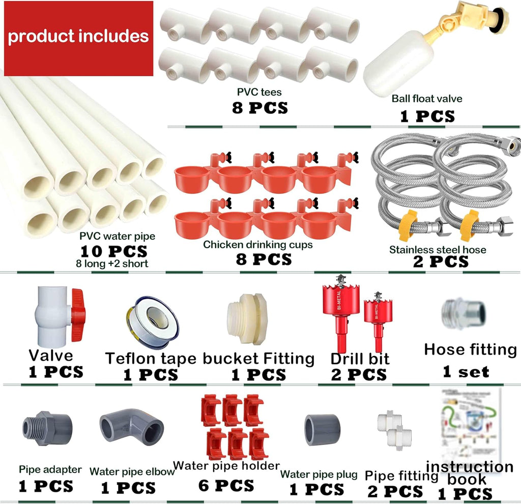 Complete Set Pipeline Automatic Chicken Waterer System(58 Accessories Included)Chicken Water Cups, Chicken